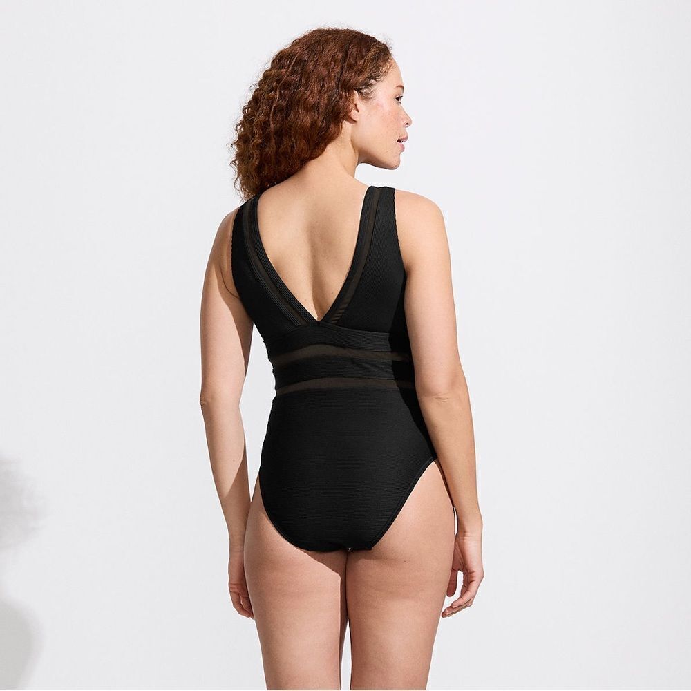 Land's End one piece Plunge swimsuit mesh ribbed Textured high leg Black Var - Picture 9 of 13